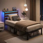 Twin Size LED Bed Frame with Storage Headboard Charging Station Sturdy Metal Platform Bed with Round Footboard Under Bed Storage