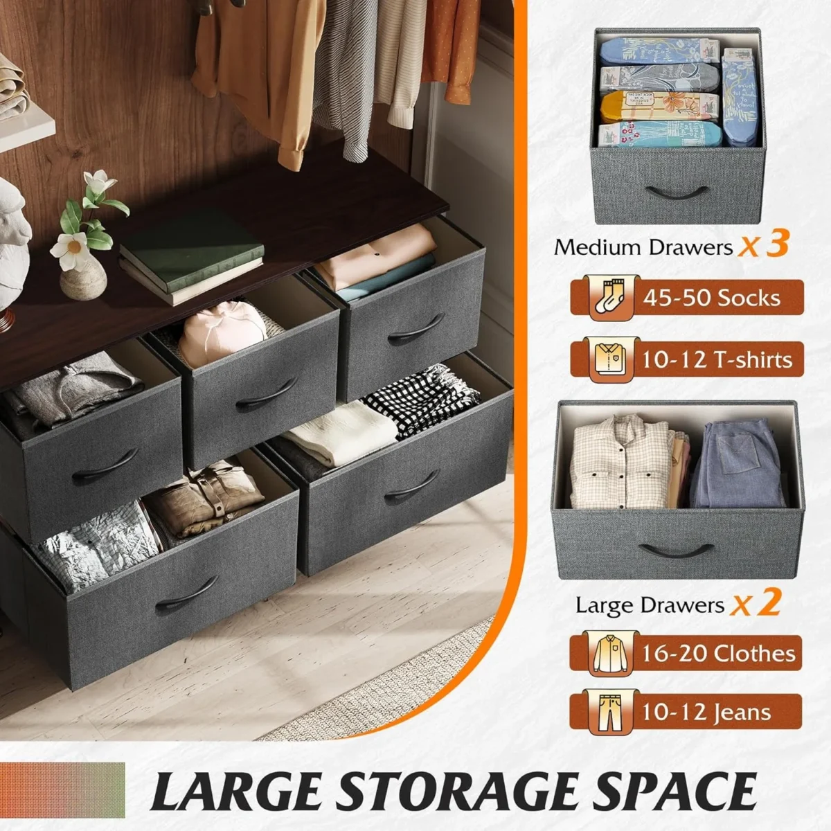 Dresser for Bedroom with 5 Drawers, Wide Chest of Drawers, Fabric Dresser, Storage Organizer Unit with Fabric Bins - Image 4