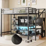 Full Size Metal Loft Bed with TV Stand, Metal Loft Bed with Staircase and Wardrobe, Kids Full Size Loft Bed, Black - Image 4