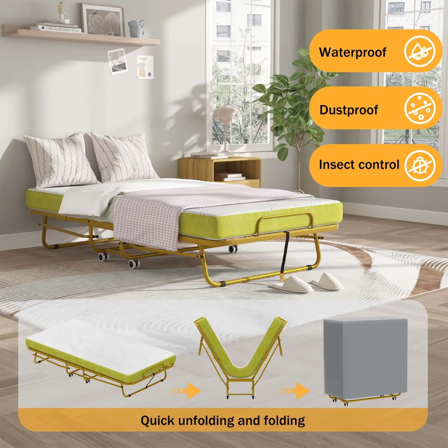 Fashion Folding Bed with Memory Foam Mattress and Swivel Wheels Fold Out Cot Size Rollaway Guest Bed Storage Bag Included - Image 6