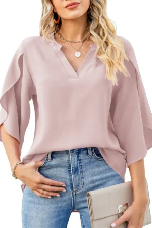 Chemisier femme été col V manches évasées chic