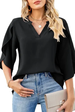 Chemisier femme été col V manches évasées chic - noir, M
