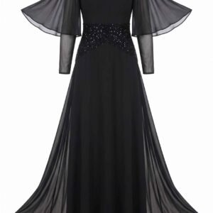 Backless Sequin Black Maxi Dress with Wide Sleeves, Slash Neck