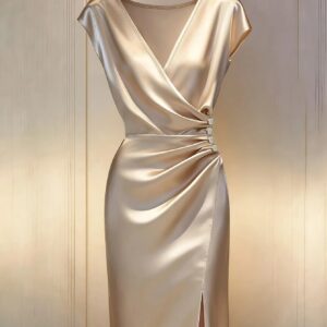 Home 50 Champagne V-Neck Satin Dress | Pleated Waist Midi