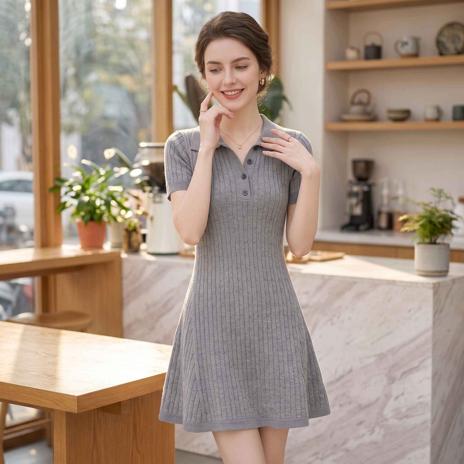 Grey Polo Collar Knitted Midi Dress with A-Line Skirt 4 Grey Polo Collar Knitted Midi Dress with A-Line Skirt - Image 4