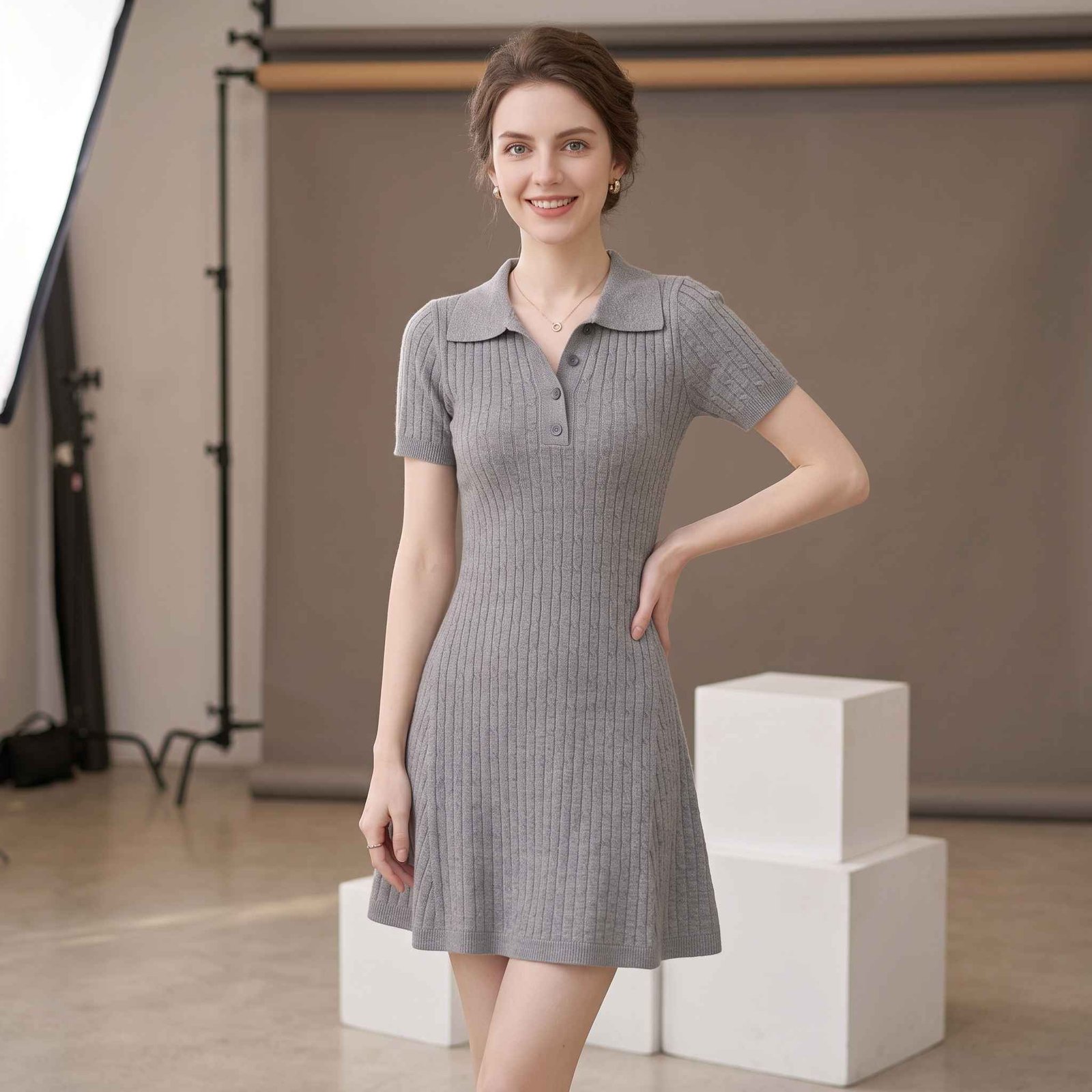 Grey Polo Collar Knitted Midi Dress with A-Line Skirt 3 Grey Polo Collar Knitted Midi Dress with A-Line Skirt - Image 3
