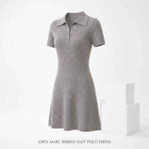 Grey Polo Collar Knitted Midi Dress with A-Line Skirt