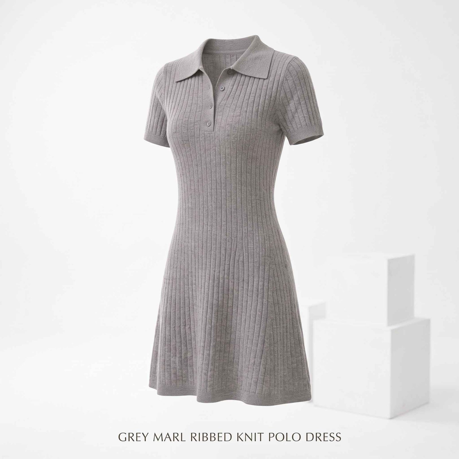 Grey Polo Collar Knitted Midi Dress with A-Line Skirt 1 Grey Polo Collar Knitted Midi Dress with A-Line Skirt