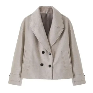 Women’s Vintage Camel Short Coat – Chic Double-Breasted Jacket with Pockets