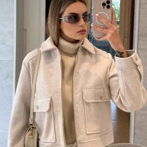 Women's Black  Zip Up Jacket Loose Fit Turn-Down Collar