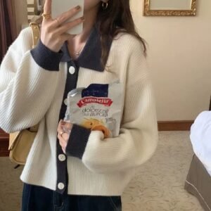 Women's Contrast Loose Fit Knit Polo Collar White Cardigan