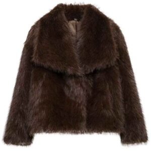 Women's Cropped Brown Faux Fur Coat, Turn-Down Collar