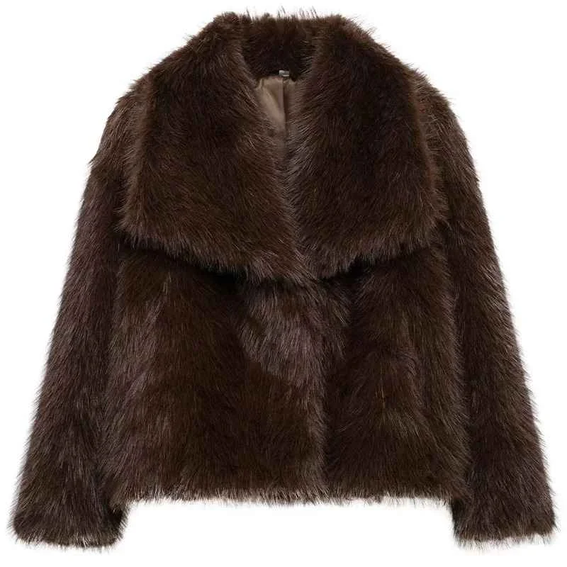 Women's Cropped Brown Faux Fur Coat, Turn-Down Collar