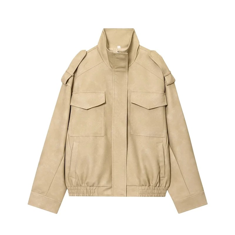 Women's Cropped Khaki Faux Suede Bomber Jacket – Moto Style | Alizoic United Kingdom