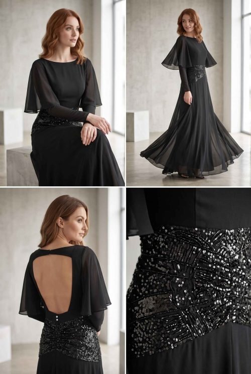 Backless Sequin Black Maxi Dress with Wide Sleeves, Slash Neck (4)