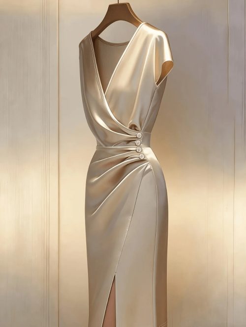 Champagne V-Neck Satin Dress Pleated Waist Midi (3)