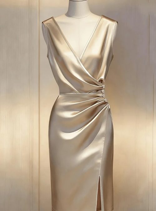 Champagne V-Neck Satin Dress Pleated Waist Midi (4)