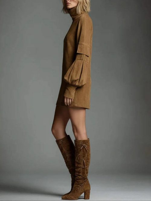 Velvet Mini Dress Long Sleeve High Collar Autumn Dress 3