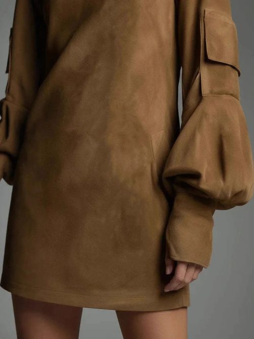 Velvet Mini Dress Long Sleeve High Collar Autumn Dress 5