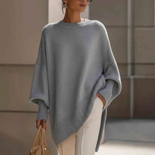 Women’s Oversized Gray Knit Jumper – Loose Round Neck Sweater for Autumn Winter