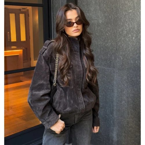 Women's Cropped Dark Blue Faux Suede Bomber Jacket – Moto Style | Alizoic United Kingdom