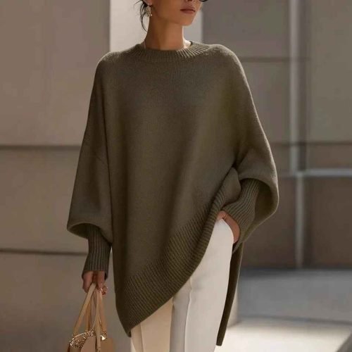 Women’s Oversized Dark Green Knit Jumper – Loose Round Neck Sweater for Autumn Winter