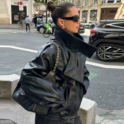Women's Cropped Black Faux Leather Bomber Jacket Alizoic United kingdom img 1