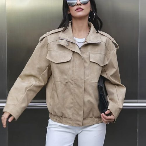 Women's Cropped Faux Suede Bomber Jacket – Moto Style | Alizoic United Kingdom
