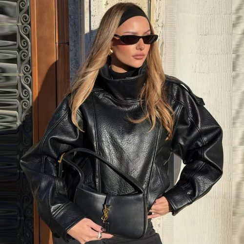 Women's Cropped Black Faux Leather Bomber Jacket Alizoic United kingdom img 2