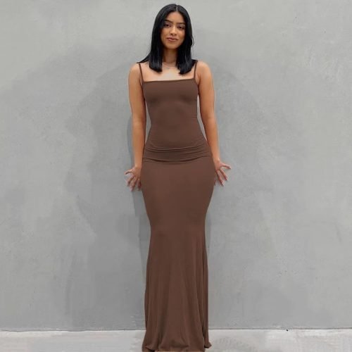 Women's Satin Slip Backless Brown Maxi Dress Alizoic UK
